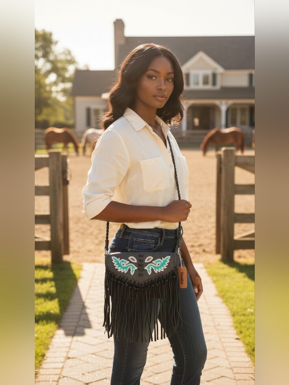 Wrangler Montana West Fringe Crossbody Bag Turquoise Embroidery Western Boho